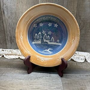 Vintage 9" Decorative Serving Bowl Blue Winter Scene Gold 2" Inner Rim Japan